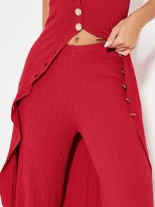 KIZN Ribbed Knit Wide Leg Pants Button Detail Fall Winter Palazzo Style Lounge Bottoms Flowing Long Pants High Waisted Casual Evening Holiday Resort Wear