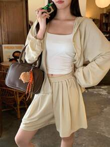 DAZY Conjunto de 2 piezas de camisa con capucha y shorts casuales de estilo japonés para mujer - Albaricoque - Ver 6