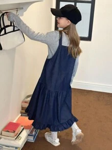 Hapijoa 女童牛仔背带裙，青春期女孩秋装 - 藍色 - 查看 6