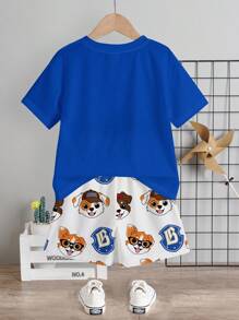 SHEIN PUPPIES，2 件儿童套装，年轻男孩休闲简约圆领短袖 T 恤和短裤，适合夏季 - 彩色 - 查看 3