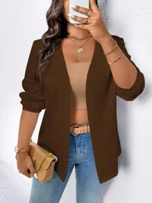 Auvina Áo khoác blazer trơn màu công sở & thường ngày cỡ lớn - màu nâu - Xem 6