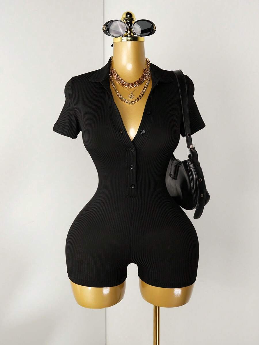 Mistrie Bộ áo liền quần ngắn tay đơn giản hàng ngày màu trơn dành cho nữ - màu đen - Xem 1