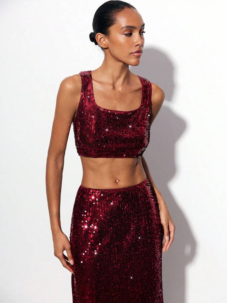 SHEIN Maija 女性用無地スパンコールクロップドタンクトップ&スカート2点セット、パーティー用フィットしたスパンコール2ピースセット、キラキラ2ピースセット、スパンコールアウトフィット女性用レッドスパンコール2ピースセット、レッドスパンコールアウトフィット、クリスマス衣装