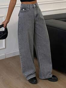 DAZY 女式直筒休闲宽松牛仔裤，带口袋，条纹图案，百搭 - 灰色 - 查看 5