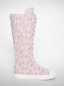 Solezae 女士冬季时尚舒适保暖可爱平底厚底碎花面料高筒靴 - 紫羅蘭色 - 查看 7