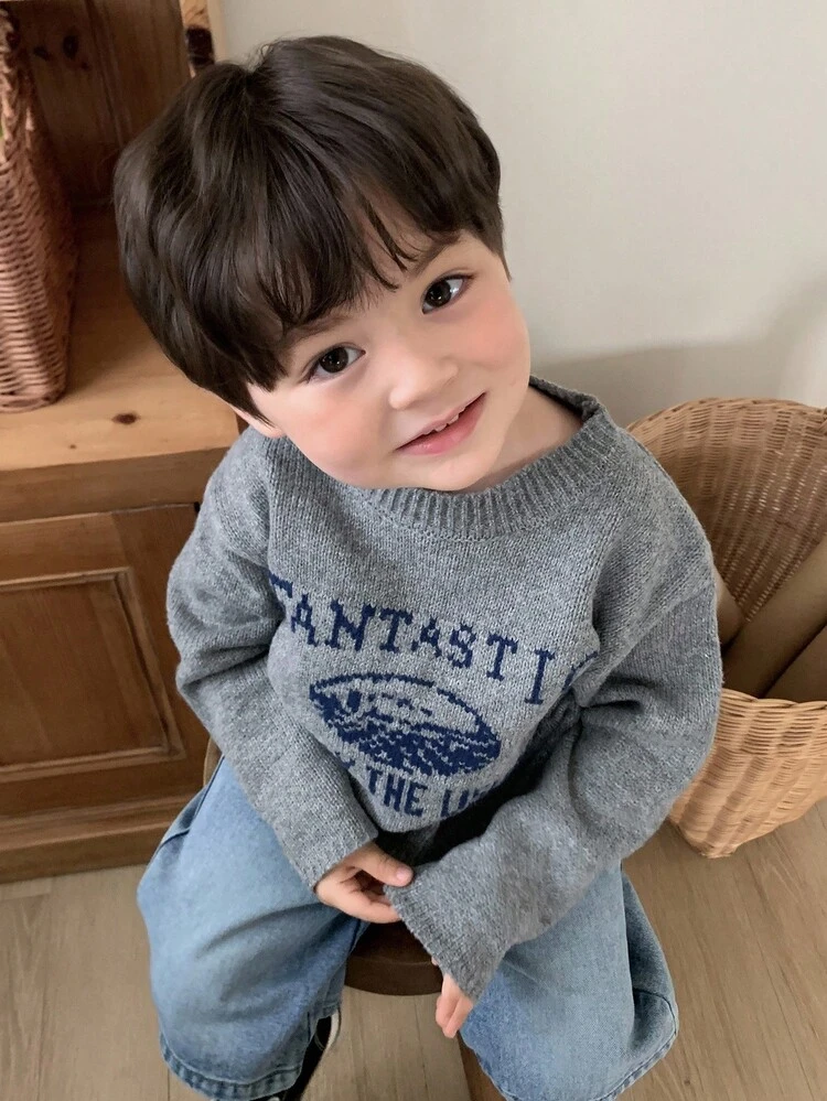 Toddler Boys' Street Casual Round Neck English Letter Knit Sweater, Autumn/Winter