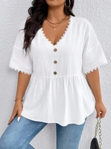 EMERY ROSE Plus Size Women's Solid Color Accessories Lace Casual Top - White - View 5