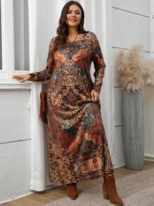EMERY ROSE Plus Size Women Geometric Print Round Neck Long Sleeve Pocket Casual Loose Dress Plus Size Dress Caftan Dress Boho Dress Earth Tone Dress, Winter Clothes For Women, Christmas, Casual Dress For Women,Winter Dresses For Women,New Year Women's Clothes - Multicolor - View 5