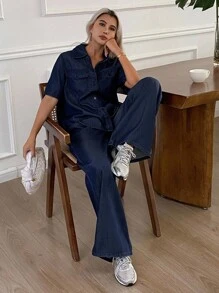 DAZY Women's Casual Loose Denim Shirt And Wide Leg Jeans Set - Dark Wash - View 7