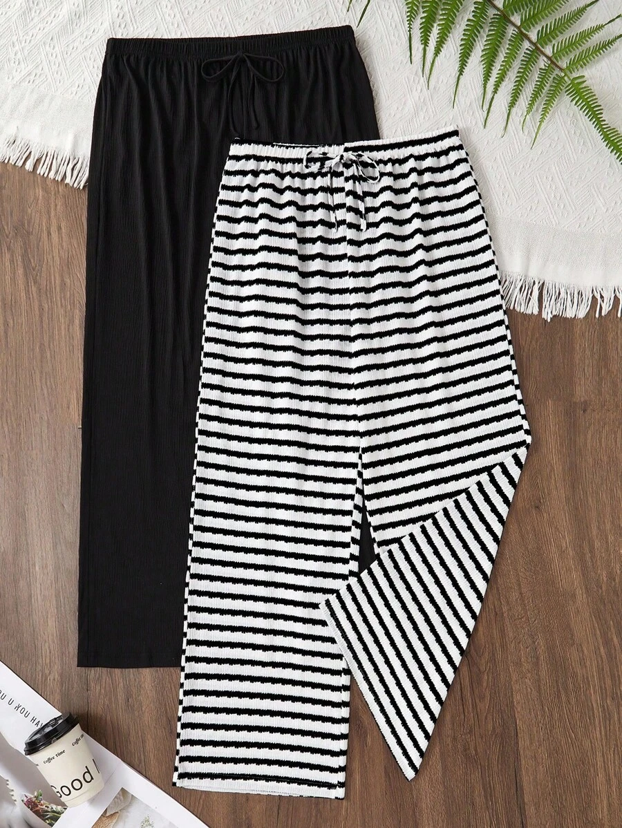 SHEIN Casual Loose Fit Dual-Tone Textured Knit Plus Size Drawstring Waist Wide Leg Pants 2 Pieces Set, Fall Clothes - Multicolor - View 1