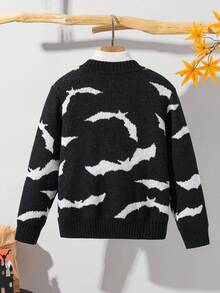 SHEIN Halloween Tween Boy Bat Allover Print Crew Neck Long Sleeve Sweater,Black And White,Autumn,Cute,Matching Family Fall Winter Kids Teen Boys Pullover - Black - View 4