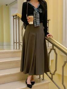 DAZY French Retro Elegant Bow V-Neck Short Knit Sweater Fall Plaid - Black - View 6