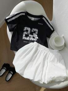 2pcs Young Girl Knitted Numeric Pattern V-Neck T-Shirt And Ruffle Hem Skirt Set - Blue - View 7