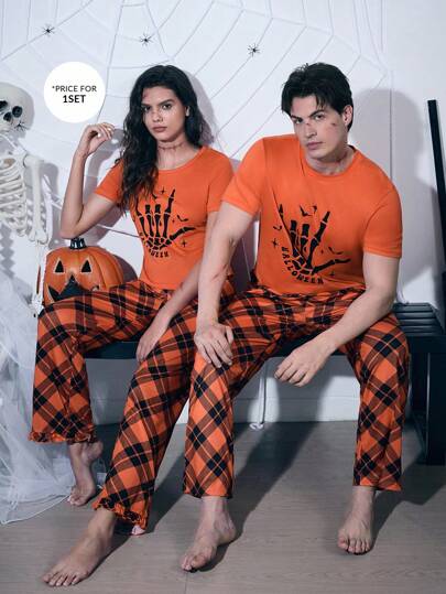 SHEIN ハロウィンプリント ラウンドネック 半袖 チェック柄パンツ メンズパジャマセット