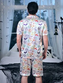 CoupledUp 卡通万圣节元素印花仿丝男士睡衣套装 - 白色 - 查看 4