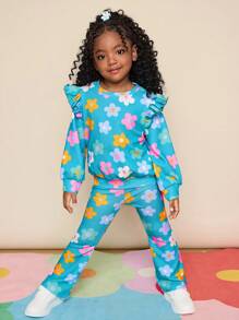 Set informal de sudadera y pantalones con volantes y estampado floral para niña - Multicolor - Ver 4
