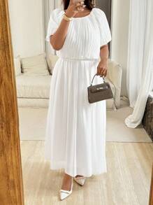 Vionelle Plus Size Women's White Summer Elegant Silky Holiday Chiffon Solid Color Round Neck Pleated Short Sleeve Top,Elastic Waist Flared Long Skirt 2pcs Set - White - View 4