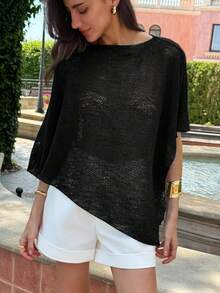 Aloruh Áo choàng cổ yếm dệt kim Jacquard khoét lỗ thời trang mới màu mơ đa năng, phong cách nghỉ dưỡng, nhẹ, mặc nhiều lần, áo thu - màu đen - Xem 4