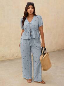 Elaquor Plus Size Vacation Casual Striped Bow Print Shirt And Pants 2 Pieces Set