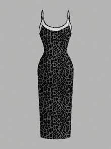 SHEIN EZwear Casual Minimalist Full-Length Leopard Print Bodycon Slip Dress, Suitable For Summer Chic Dress - Multicolor - View 2