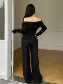 DAZY Women's Solid Color Off-Shoulder Long Sleeve Sweater And Knitted Pants Casual 2-Piece Set - Black - View 6