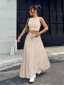 SHEIN EZwear 女式纯色短款背心和荷叶边下摆中长裙休闲两件套，夏季 - 卡其色 - 查看 3