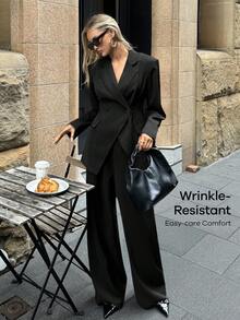 Aloruh Women's Basic Lapel NeckLong Sleeve Jacket And Pants Suit, Commuting & Daily Wear In Fall/Winter - Black - View 8