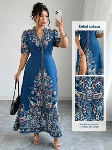 Elenzga Đầm maxi dài tay ngắn cổ chữ V cài một hàng khuy dành cho nữ cỡ lớn, kiểu boho in họa tiết, thích hợp mặc thường ngày hoặc đi nghỉ dưỡng. Đầm nữ thường ngày, đầm công sở, đầm hè, đầm dự tiệc sinh nhật, quần áo nữ mùa hè. - Màu xanh hải quân - Xem 9