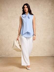 House of One Tie Front Cotton Blend Woven Sleeves Button-Up Shirt Top Women Casual Spring Summer Wear Baby Blue Top Women Bow Top Women Light Blue Top Women Sleeveless Top Blue And White Women