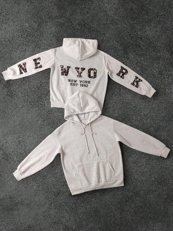 SHEIN Grafische hoodie met luipaardprint en letters en verlaagde schouders