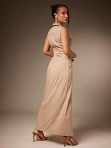 Hauture Vestido camisero sin mangas de mujer con botones delanteros, de tejido elástico y estilo utilitario de calle - Marrón - Ver 5