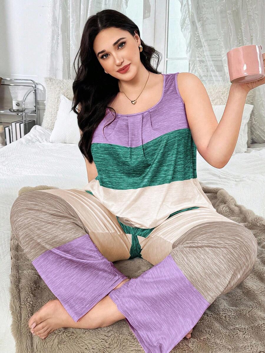SHEIN 大码多色条纹印花休闲家居睡衣套装 - 彩色 - 查看 1