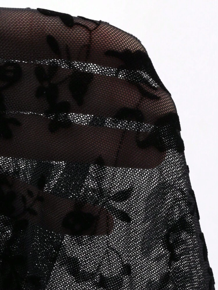 Floral Print Mesh Flocked Contrast Sleeveless Camisole Top With Tie Strap Design, Suitable For Party, Wedding, Spring/Summer/Autumn Going Out Tops Women Long Sleeve Tops Women