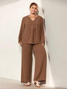 Momelise Plus Size Popular Minimalist Fashion Loose Fit Long Button Decor Round Neck Solid Color 2 Pieces Set For Women, Autumn/Winter Maillard Style Fall Cloth For Women