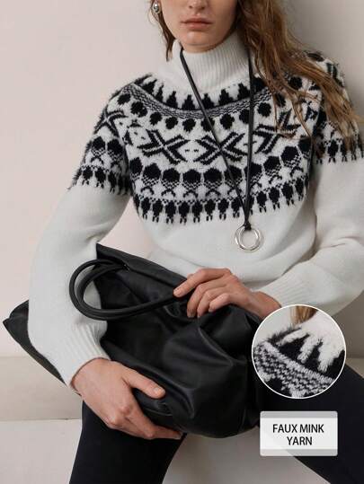 Chiquease Suéter holgado de cuello redondo de manga larga con tejido jacquard de contraste de color en estilo vintage para mujer, primavera/otoño