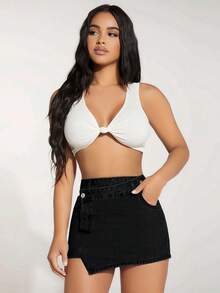 SHEIN PETITE Women's Asymmetric Hem Casual Denim Skort With Pockets - Black - View 5