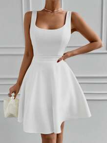 EURMUSE Solid Scoop Neck Flare Hem Dress - White - View 1