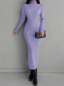 EURMUSE Solid Color High Neck Bodycon Sweater Dress - Purple - View 5