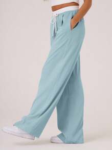 MUSERA Pantalones a medida con cinturón de contraste tejido, estilo casual y lindo de los años 90 y Y2K, ideal para vacaciones, días festivos, otoño, invierno y vuelta al colegio - Azul - Ver 4