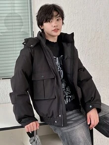 Dazy Kids 青少年男孩纯色实用口袋拉链前休闲连帽冬季夹克 - 黑色 - 查看 7