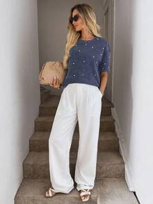EURMUSE T-shirt à manches courtes pour femmes, col rond, avec appliqués de sequins, couleur unie, épaules tombantes - Gris foncé - Voir 3