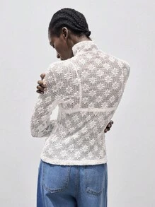 SHEIN Unity Halloween Women's Stand Collar Knitted Hollow See-Through Textured Lace Slim Fit Elegant Long Sleeve Top - White - View 2