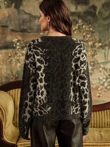 Anewsta Áo len dệt kim cổ tròn tay dài họa tiết da báo đính đá lấp lánh cho nữ - Nhiều màu - Xem 2