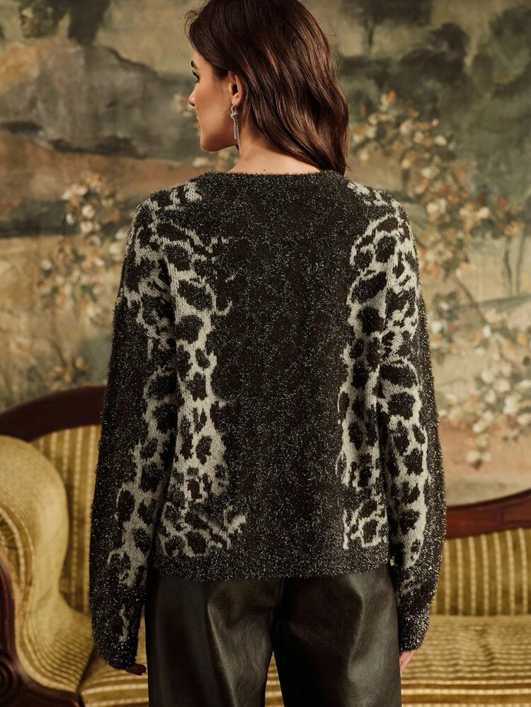 Women's Rhinestone Leopard Print Glitter Crew Neck Long Sleeve Knit Sweater