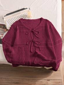 CosyJoli Plus Size Comfortable Casual Vacation Crochet Front Tie Loose Fit Women Apricot Cropped Long Sleeve Cardigan,Fall Clothes For Women Autumn,Slightly Sheer