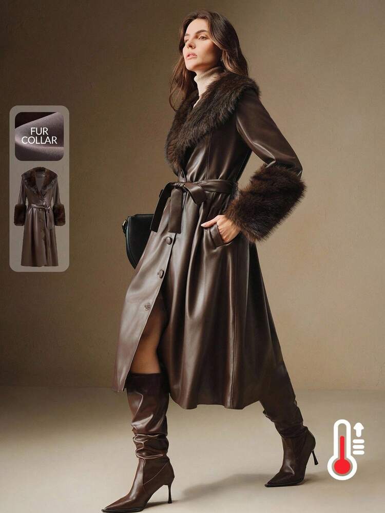 女性用 秋冬スタイリッシュブラウンPUレザー中丈フェイクファーカラーコート、アウターウェア