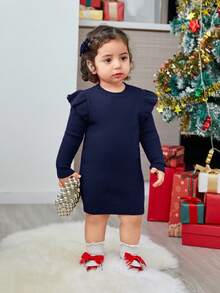 SHEIN 女婴圣诞秋冬可爱红色简约荷叶边长袖毛衣裙 - 藏蓝色 - 查看 8