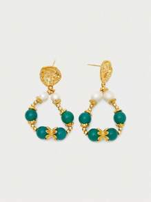 Glisma 18K Gold-Plated 1 Pair Cute, Luxury, Sexy Wedding/Holiday/Vacation/Camping Textured, Metallic, Pearl/Shell, Gemstone Decorated Vintage Beaded Pendant Earrings, Y2K/For Mom/Women/Girl, Suitable For Fall/Autumn/Winter/Festival/Holiday/Vacation/Old Money/Halloween - Multicolor - View 2