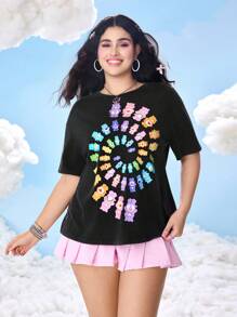 SHEIN X Care Bears 大码夏季休闲卡通熊印花圆领短袖T恤 - 黑色 - 查看 4