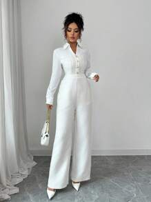 Rafferiza 时尚优雅的纽扣装饰通勤连体裤 - 白色 - 查看 3